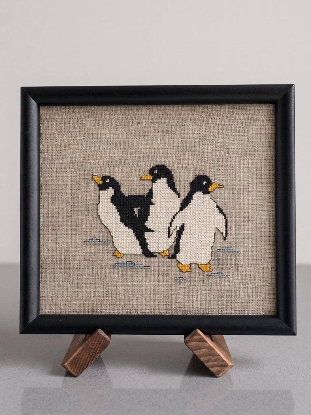 Handmade Penguin Cross Stitch Wall Art Black Wood Frame 9.25” x 8.25”